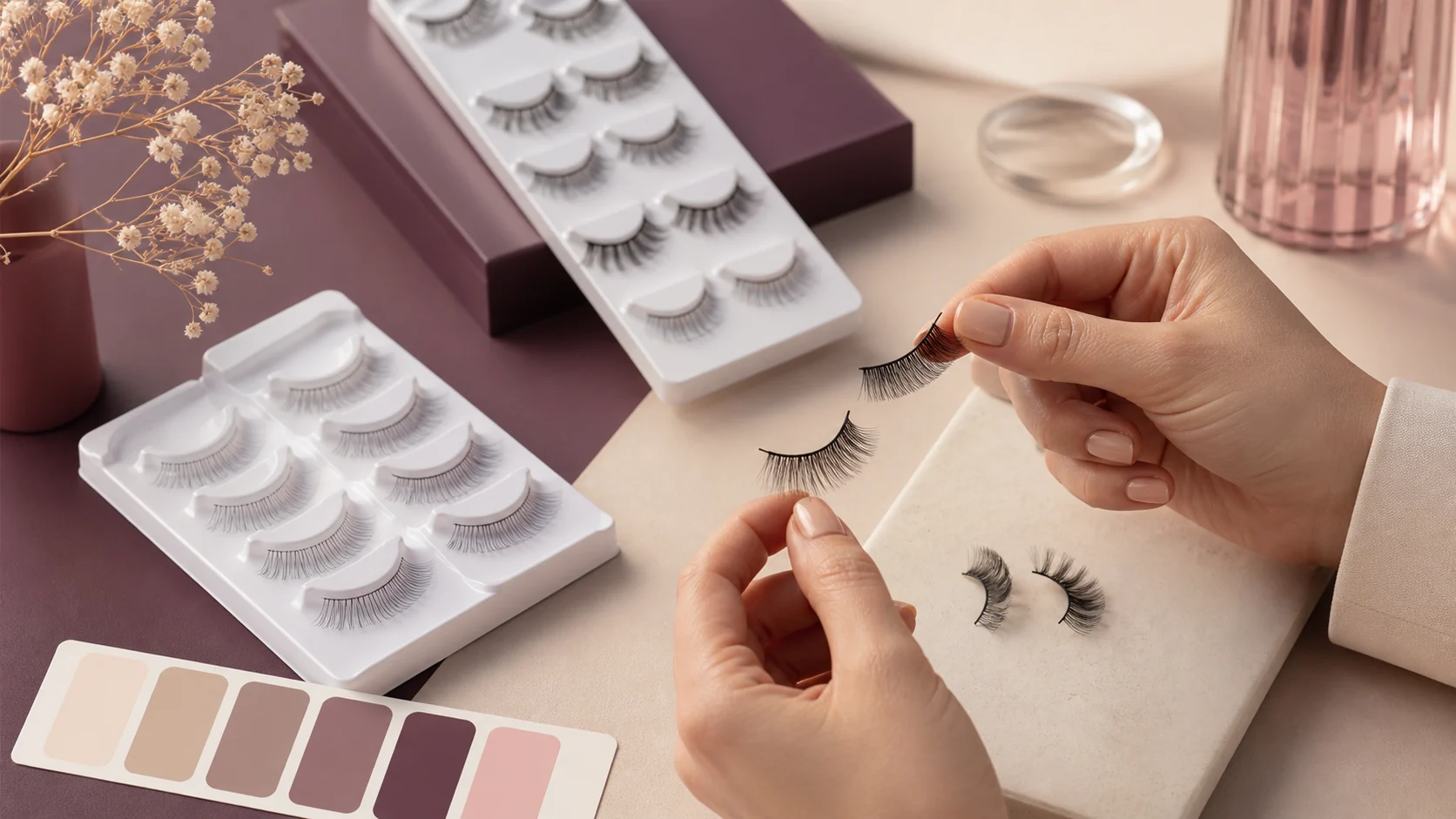 Editorial visual comparing false eyelash formats for buyer selection