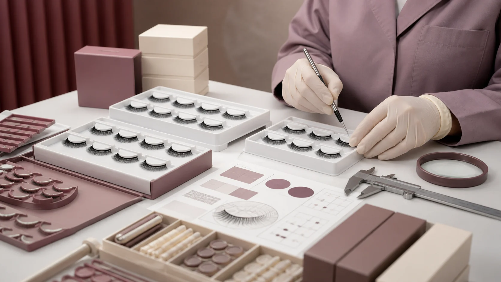Editorial visual of false eyelash inspection and supplier evidence review